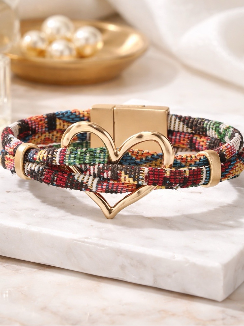 Gold Heart Multicolor Woven Bracelet - Women Jewelry